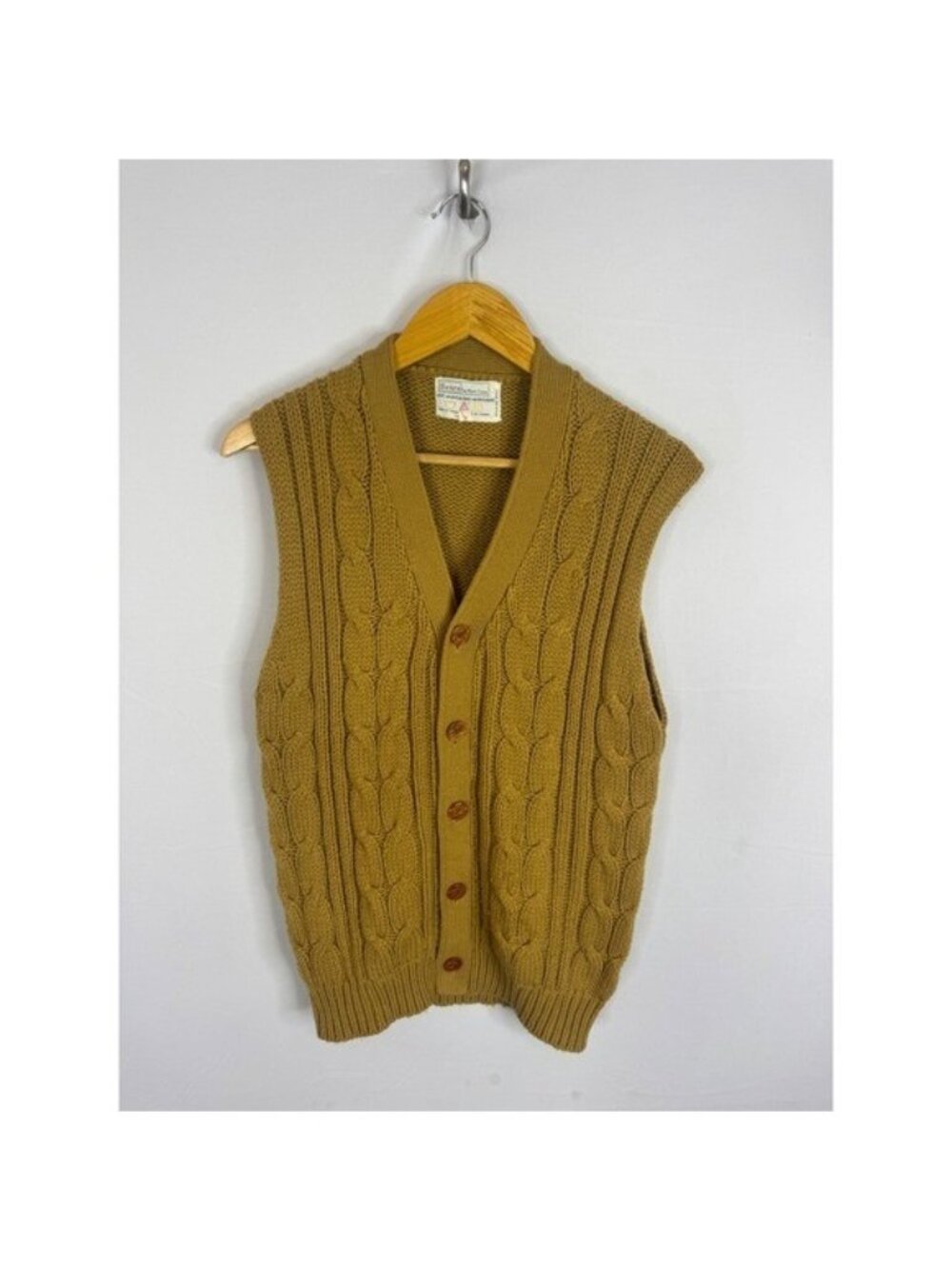Vintage Sears The Mens Store Cable Knit Button Front Sweater Vest Tan Mustard S